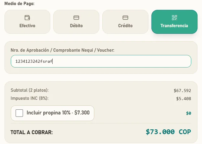 Cobro de una mesa: medio de pago transferencia, número de comprobante, subtotal, impuesto INC del 8 %, propina opcional y total a cobrar de $73.000 COP.