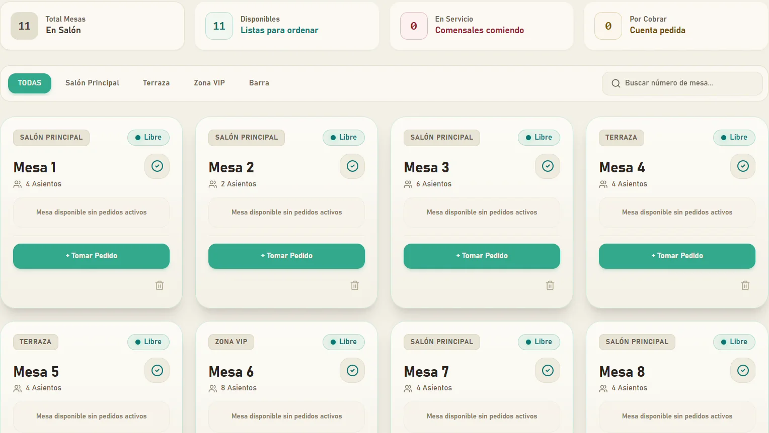 Pantalla de mesas de Vectorium POS: once mesas libres, cada una con el botón Tomar pedido.