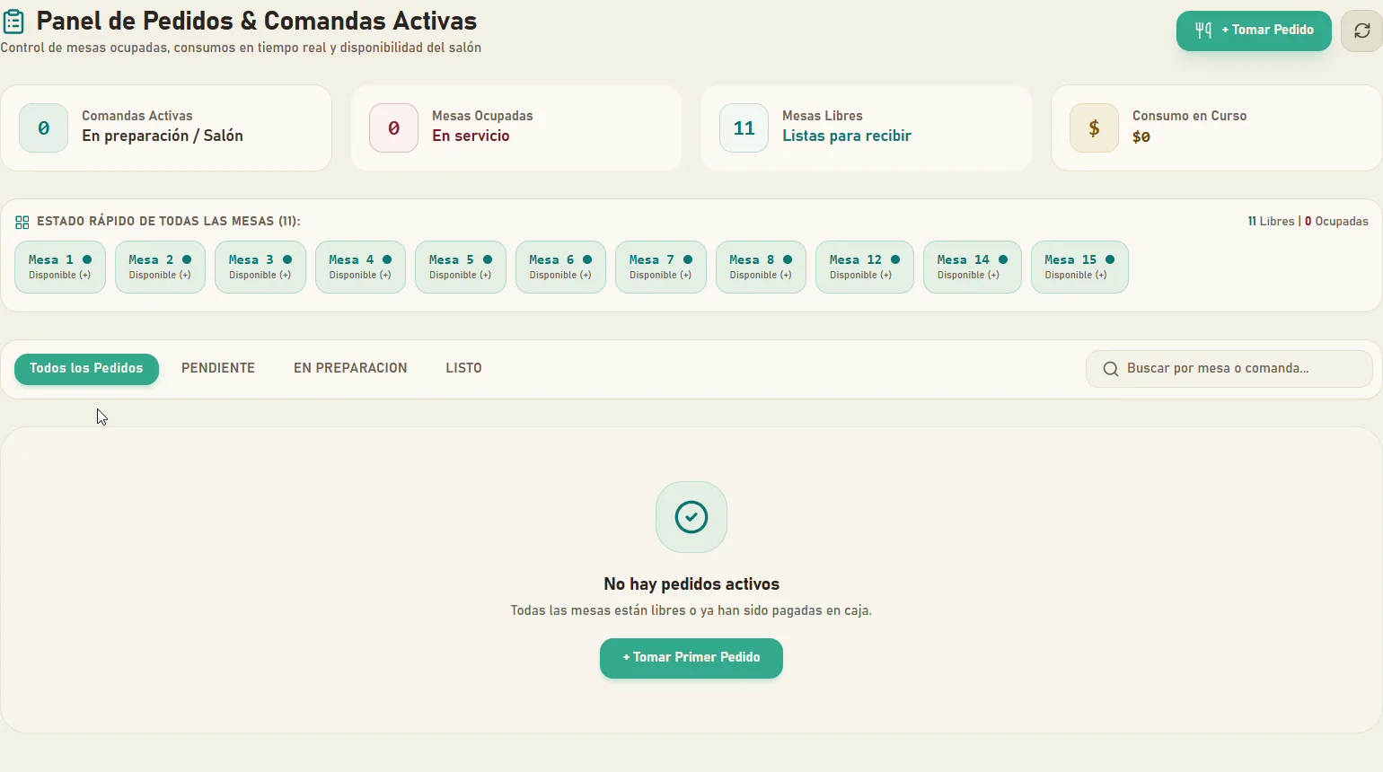 Panel de pedidos y comandas activas: comandas en preparación, mesas ocupadas, mesas libres, consumo en curso y estado rápido de las mesas.