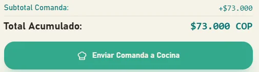 Comanda con total acumulado de $73.000 COP y el botón Enviar comanda a cocina.